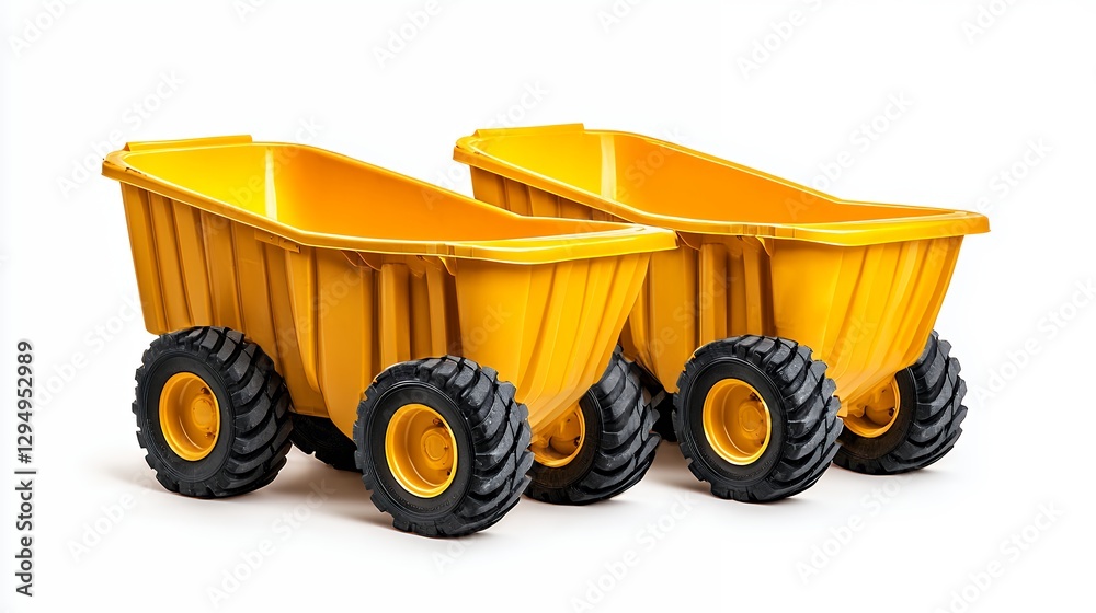 Pair of Durable Yellow Dump Carts with Rugged Tires on White Background Pair of Durable Yellow Dump Carts with Rugged Tires on White Background