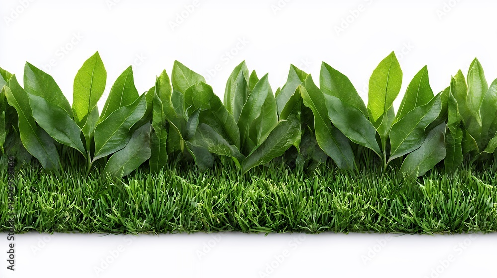 Fototapeta premium Lush Green Foliage and Grass Border Isolated on White Background, Perfect for Design Elements and Textures