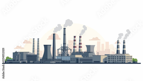 Illustration of a large-scale industrial facility with cooling towers and smokestacks, representing modern industry and environmental impact. Ideal for business, economy, and sustainability topics.