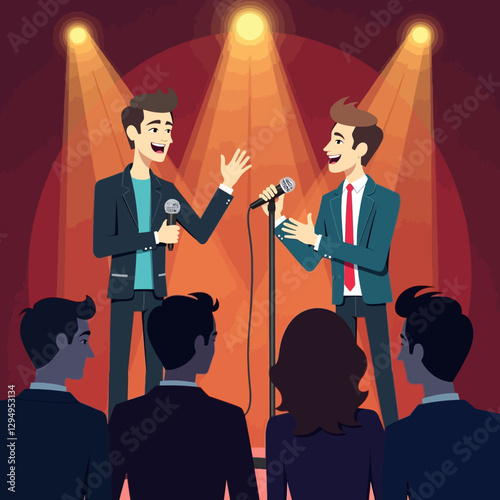 Illustration of two comedians performing on stage under spotlights, engaging with the audience. Great for entertainment, comedy, and performance themes.
