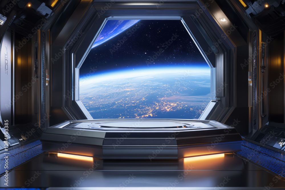 Fototapeta premium A space exploration event 3D background featuring a metallic podium on a futuristic space station. Through the massive observation window, Earth glows in the distance, while astronauts float in zero