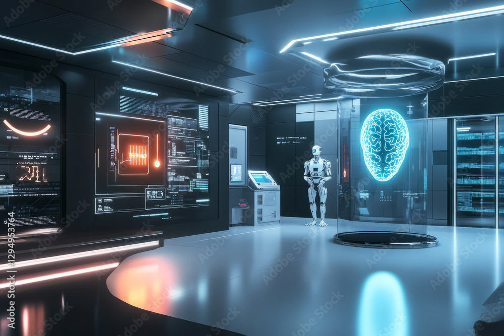 A sleek AI research lab 3D background room with robotic assistants, transparent display panels, and a holographic AI brain interface suspended in mid-air. The modern, high-tech environment is A sleek AI research lab 3D background room with robotic assistants, transparent display panels, and a holographic AI brain interface suspended in mid-air. The modern, high-tech environment is