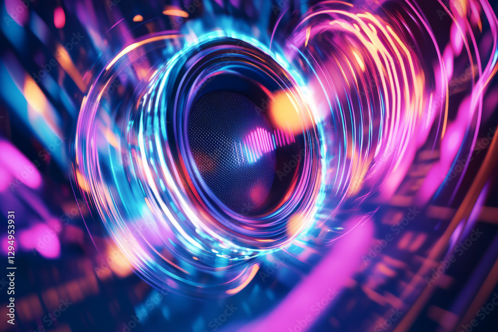 A surreal 3D music background with a floating, glowing speaker emitting swirling, synchronized sound waves. The neon pulses move rhythmically, forming an abstract representation of digital bass, beats A surreal 3D music background with a floating, glowing speaker emitting swirling, synchronized sound waves. The neon pulses move rhythmically, forming an abstract representation of digital bass, beats