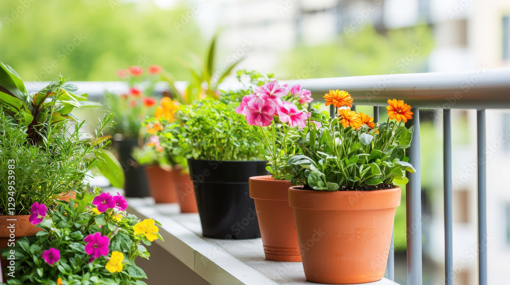 Obraz premium Bright balcony garden filled with flowering plants and vibrant colors