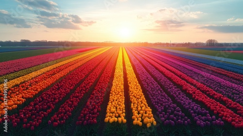 Vibrant tulip fields in full bloom at sunset, showcasing a colorful landscape of flowers