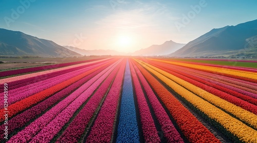Vibrant tulip fields stretch across the landscape at sunset, showcasing a colorful floral display