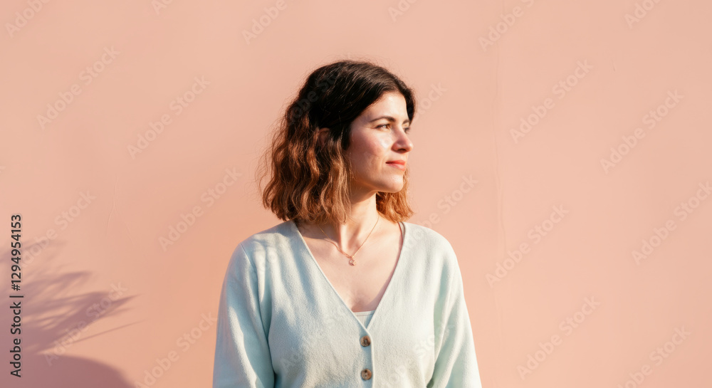 Female caucasian adult in light cardigan posing against peach wall Female caucasian adult in light cardigan posing against peach wall