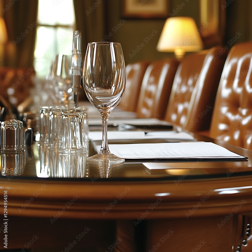 Elegant meeting table setting in a conference room Elegant meeting table setting in a conference room