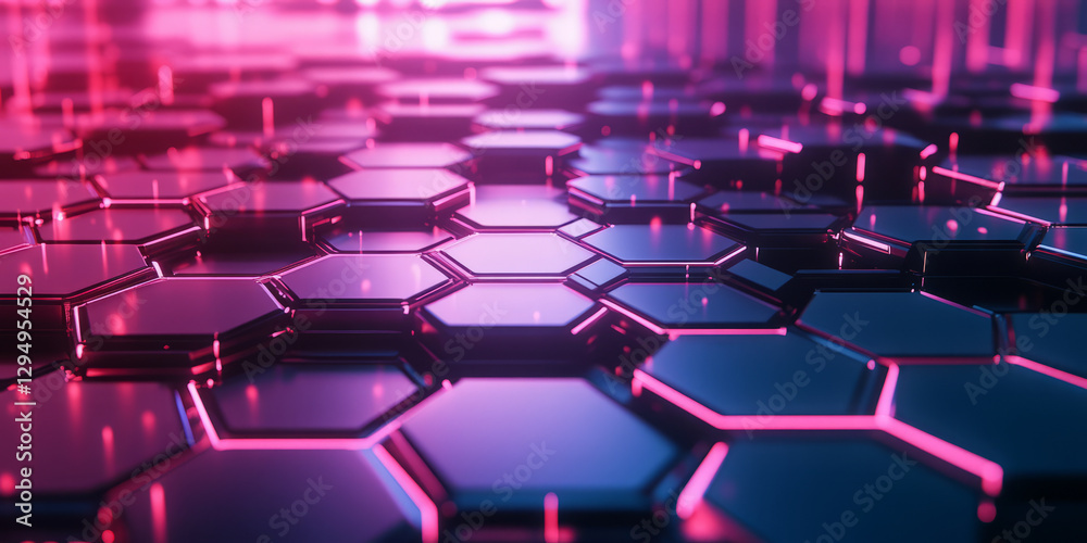 A surreal 3D abstract background featuring glowing hexagonal grids forming an infinite digital landscape. The soft neon gradients and deep reflections add a futuristic cyberpunk aesthetic to the