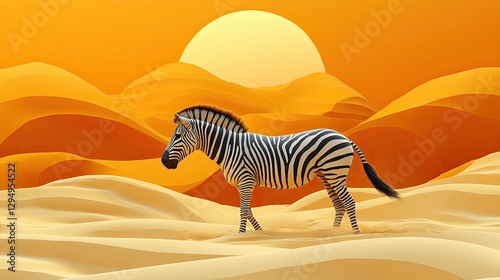 A solitary zebra stands gracefully in a vibrant desert landscape at sunset, showcasing nature's beauty