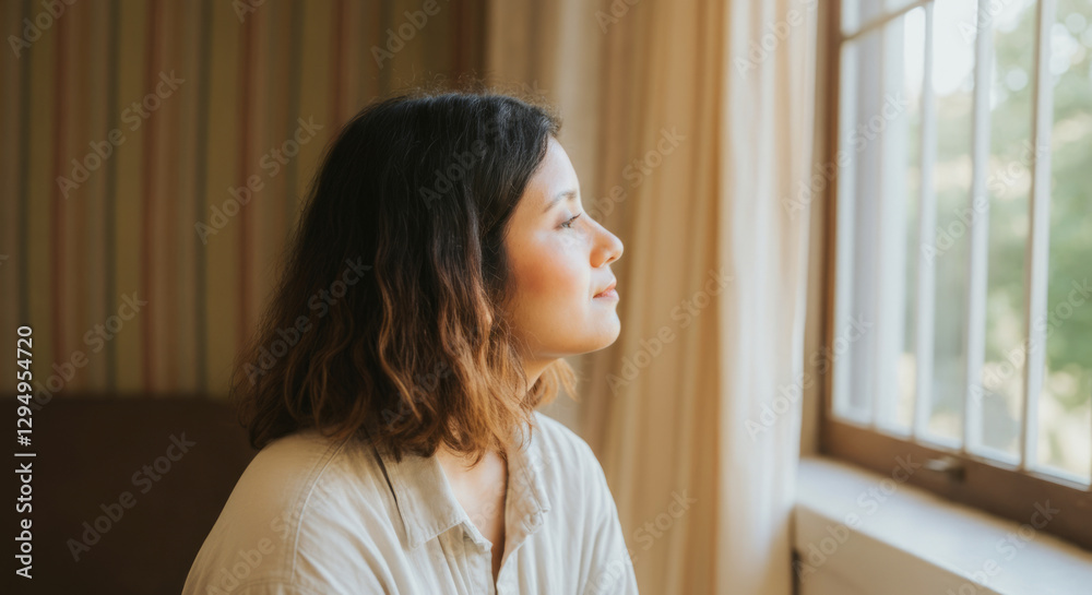Young asian female looking out the window in thought
