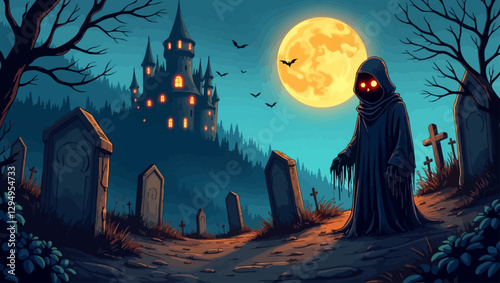 A chilling illustration of a hooded figure with glowing red eyes standing in a spooky graveyard under a full moon.