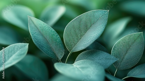 Close-up of lush green leaves showcasing intricate textures and vibrant colors in a serene environment