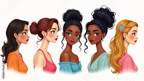 A collection of beautifully illustrated female portraits showcasing diverse hairstyles and fashion styles.