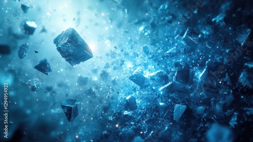Abstract representation of floating blue crystals in a cosmic environment with glowing particles