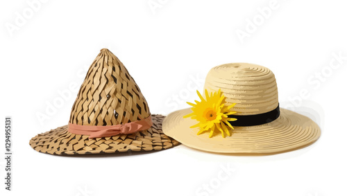  Two elegant straw hats, one woven with a ribbon and the other with a yellow flower decoration, isolated on white.