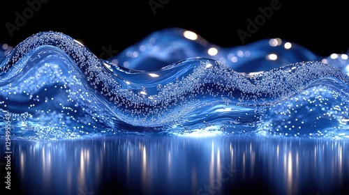 Abstract depiction of flowing blue water waves with shimmering lights and reflections