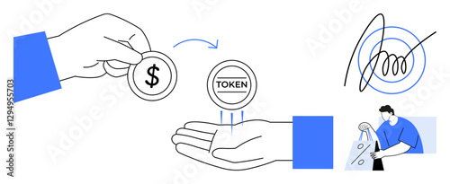 Hand exchanging currency symbol for token in another hand, digital signature above person holding shopping bags. Ideal for blockchain, fintech, e-commerce, digital transactions, online payments