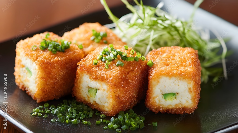 Crispy Fried Tofu Cubes Appetizer with Green Onions Garnish Crispy Fried Tofu Cubes Appetizer with Green Onions Garnish