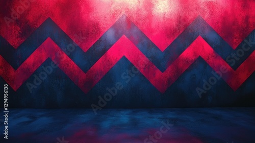 Vibrant abstract wall with zigzag patterns in red and blue, creating a dynamic backdrop