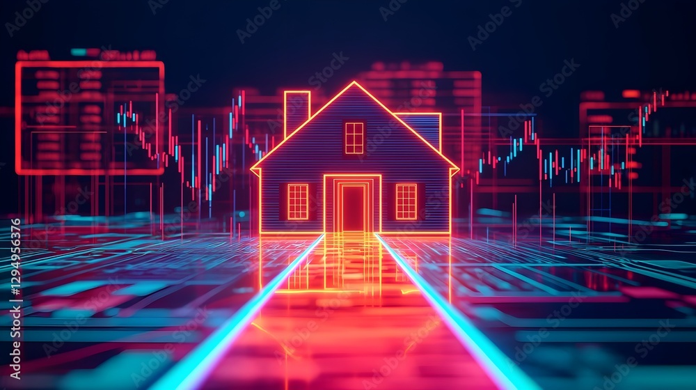 Naklejka premium Real Estate Investment: Futuristic House with Stock Market Data and Neon Glow.