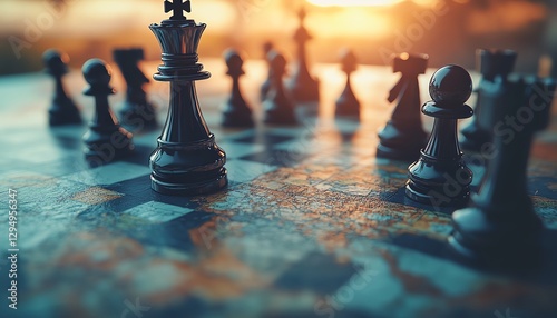 Closeup of a world map with scattered chess pieces photo