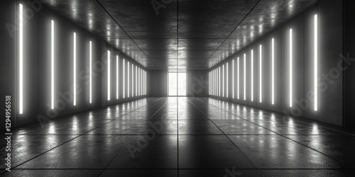 Futuristic Black Room with Sleek Surfaces and Bright LED Lights for 3D Environment Rendering
