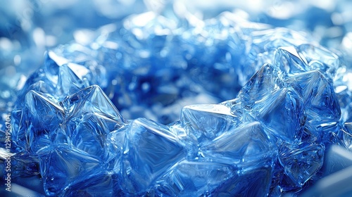 Close-up of sparkling blue ice crystals arranged in a circular formation, with blurred background