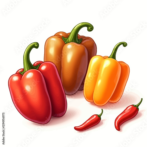 A digital illustration of different types of bell peppers and chili peppers in red, yellow, orange, and brown hues.