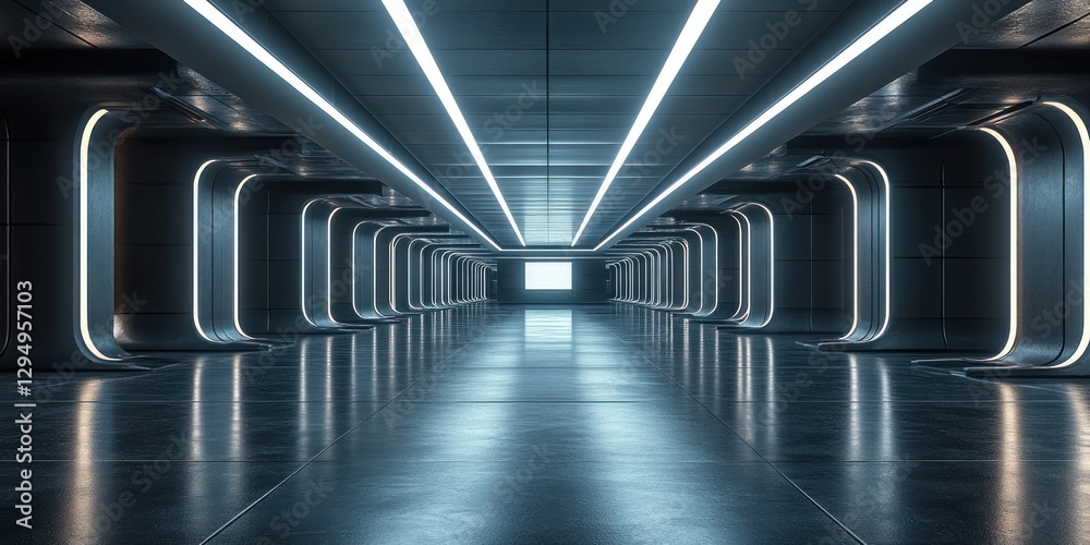 Fototapeta premium Futuristic Black Room Glossy Interior Light Source Rendering Equirectangular Panorama