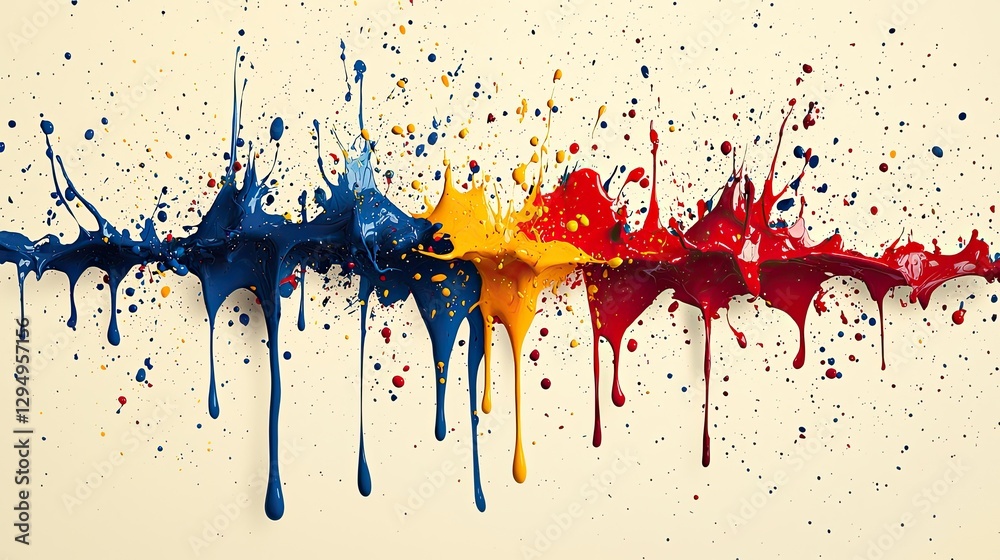 Fototapeta premium Vibrant splashes of blue, yellow, and red paint dripping down a light background, creating an artistic effect