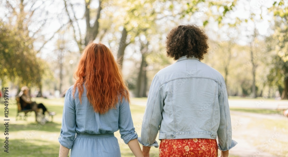 Naklejka premium Young caucasian female friends holding hands walking in sunny park
