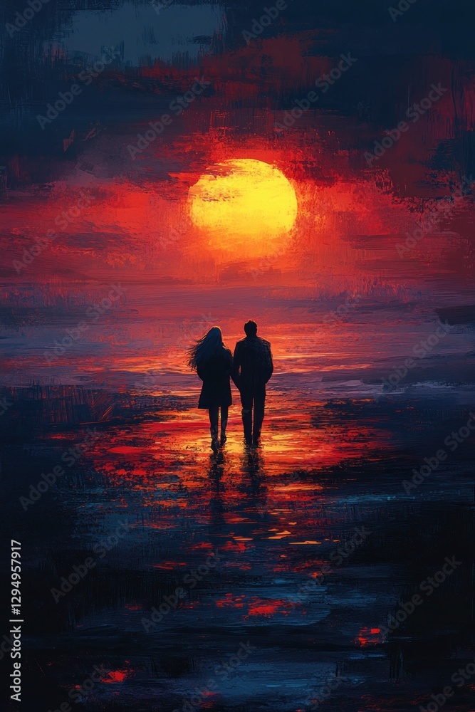 Fototapeta premium Couple Silhouettes Walking on Gravel Road at Sunset