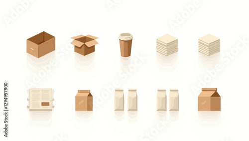 A vector illustration of sustainable packaging options, including biodegradable containers, paper cups, and recyclable boxes, promoting eco-conscious living.