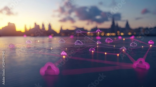 Abstract digital network visualization over a city skyline at sunset, showcasing connectivity