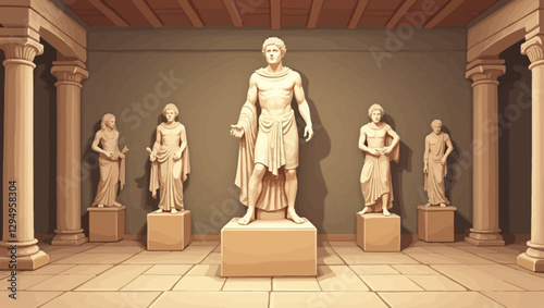 A digital illustration of ancient Greek and Roman statues displayed in a museum hall with classic columns and warm lighting.
