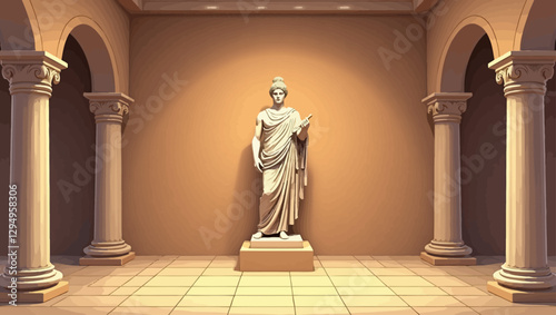 A beautifully designed museum room with a single, grand classical statue on a pedestal, illuminated by soft lighting.