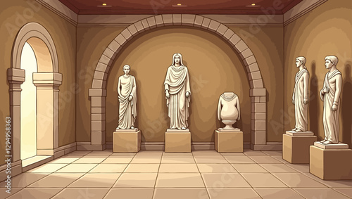 A museum archive room with classical Greek and Roman statues displayed in an arched setting, showcasing historical artistic heritage.