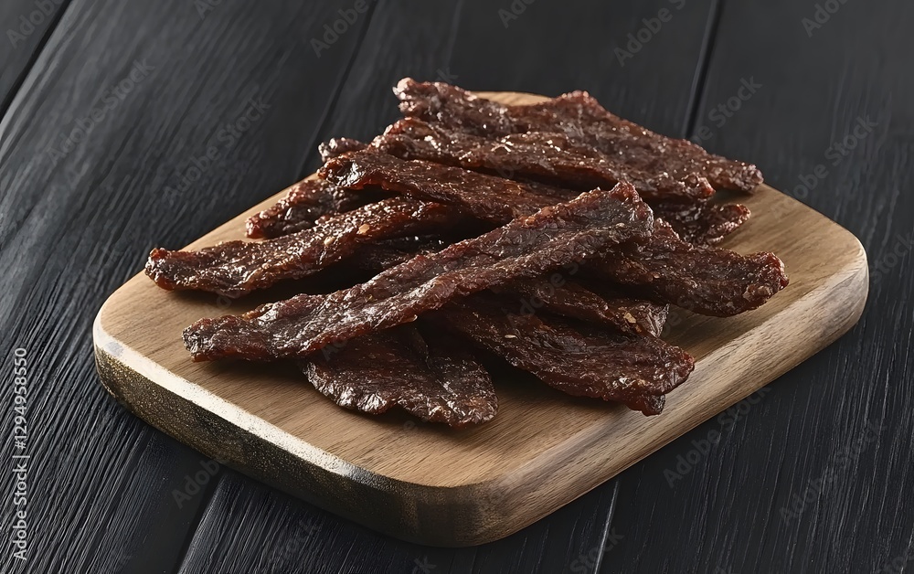 Delicious Spicy Beef Jerky Strips on Wooden Board