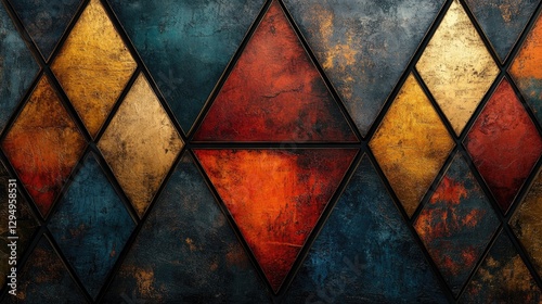 Abstract geometric pattern featuring colorful triangular shapes on a textured background