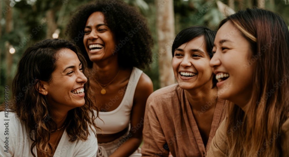 Fototapeta premium Diverse group of young women sharing laughter outdoors in nature