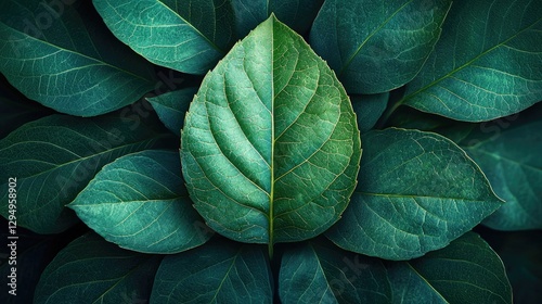 Close-up of a vibrant green leaf surrounded by darker foliage, showcasing nature's beauty