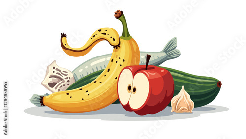 A surreal composition of fruits, vegetables, and fish in a unique artistic arrangement. A detailed and creative vector illustration.