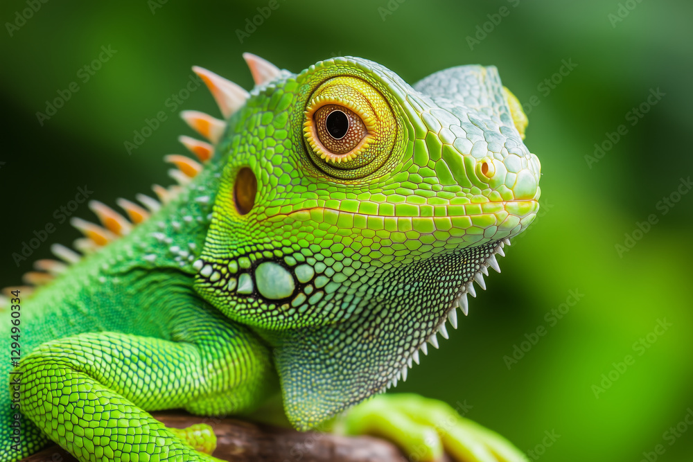 Stunning macro shot of a vibrant green iguana showcasing intricate scales and vivid yellow eyes Stunning macro shot of a vibrant green iguana showcasing intricate scales and vivid yellow eyes