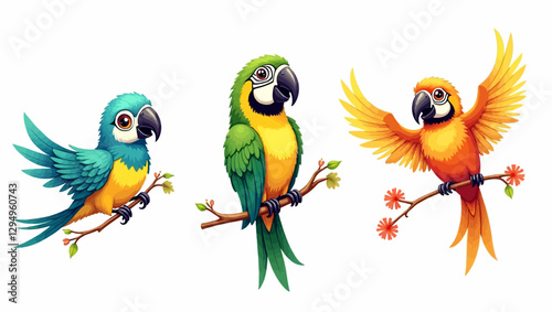 A set of three beautifully illustrated parrots perched on branches, each with unique colors and expressions. A vibrant vector art of tropical wildlife.