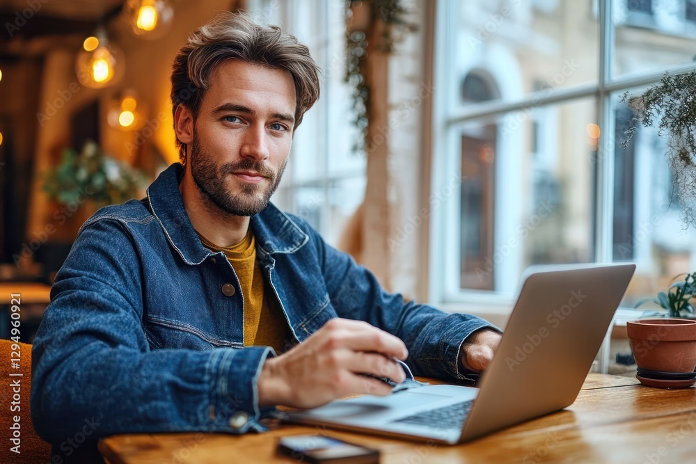 Man Using Two Factor Authentication with Laptop and Phone at Cozy Home Office Man Using Two Factor Authentication with Laptop and Phone at Cozy Home Office