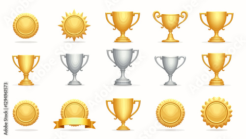 Illustration of various gold and silver trophies, medals, and awards, symbolizing success, achievement, and recognition.