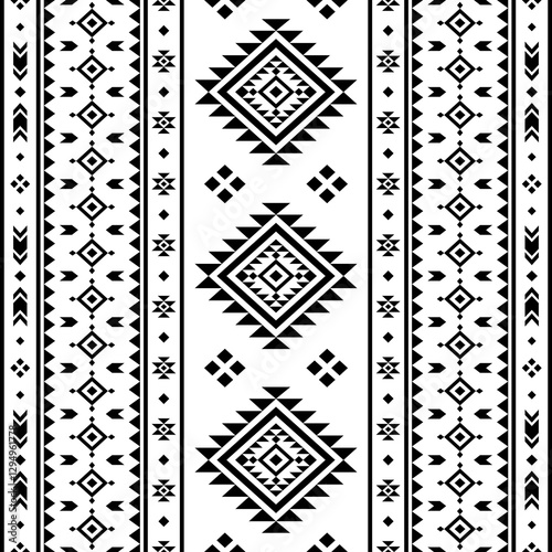 Southwest Aztec geometric Native American Mexican Navajo tribal ethnic boho indian texture ornament seamless pattern fabric black and white design vector for woven textile printing blanket rug carpet 
