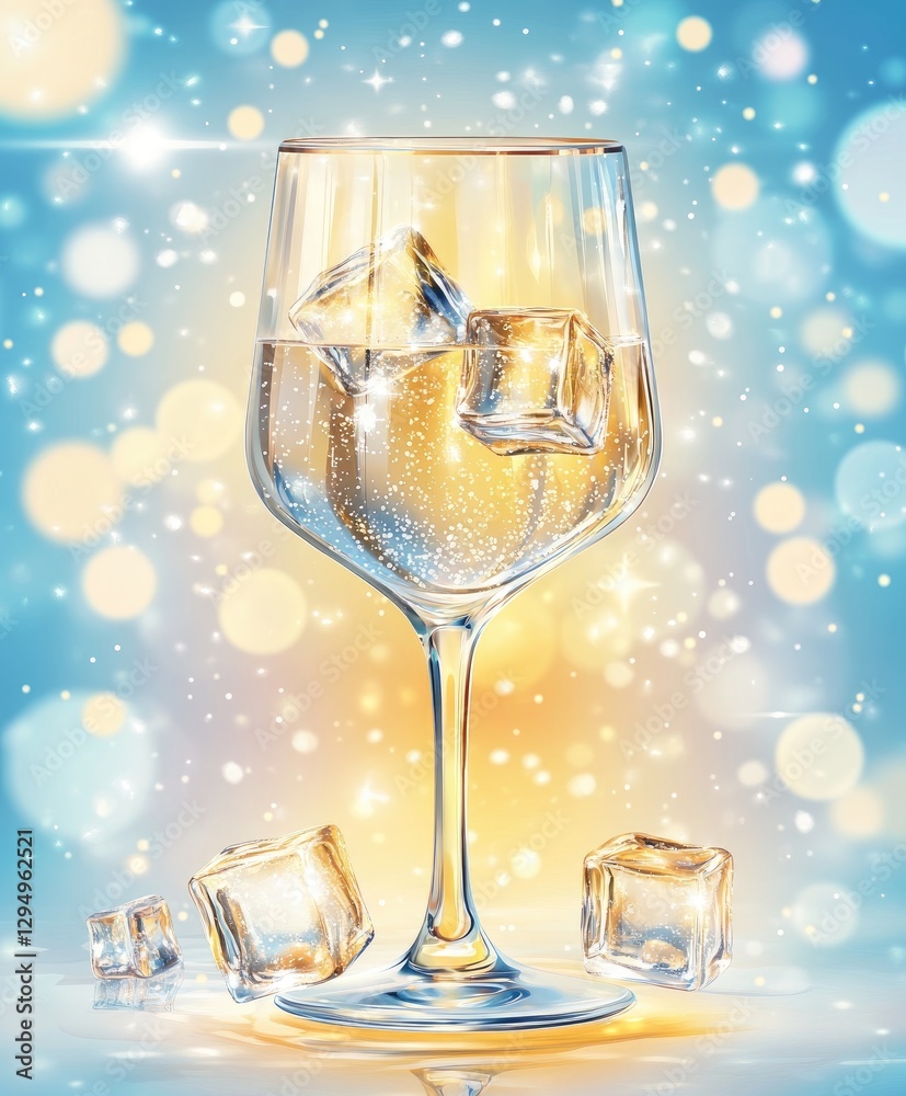 A stunning glass filled with a refreshing drink featuring sparkling bubbles and ice cubes, set against a dreamy spring backdrop of soft lights A stunning glass filled with a refreshing drink featuring sparkling bubbles and ice cubes, set against a dreamy spring backdrop of soft lights