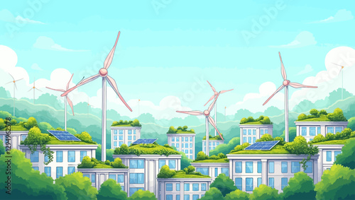 Illustration of a futuristic eco-city with wind turbines, solar-powered buildings, and lush greenery, promoting renewable energy and sustainability. Ideal for environmental campaigns.